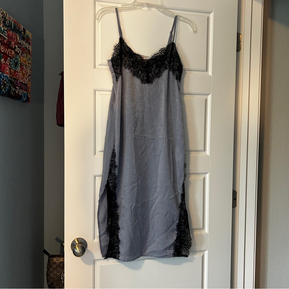 H&M Coachella Festival Chemise Slip Dress Blue with Black Lace Whimsygoth 6